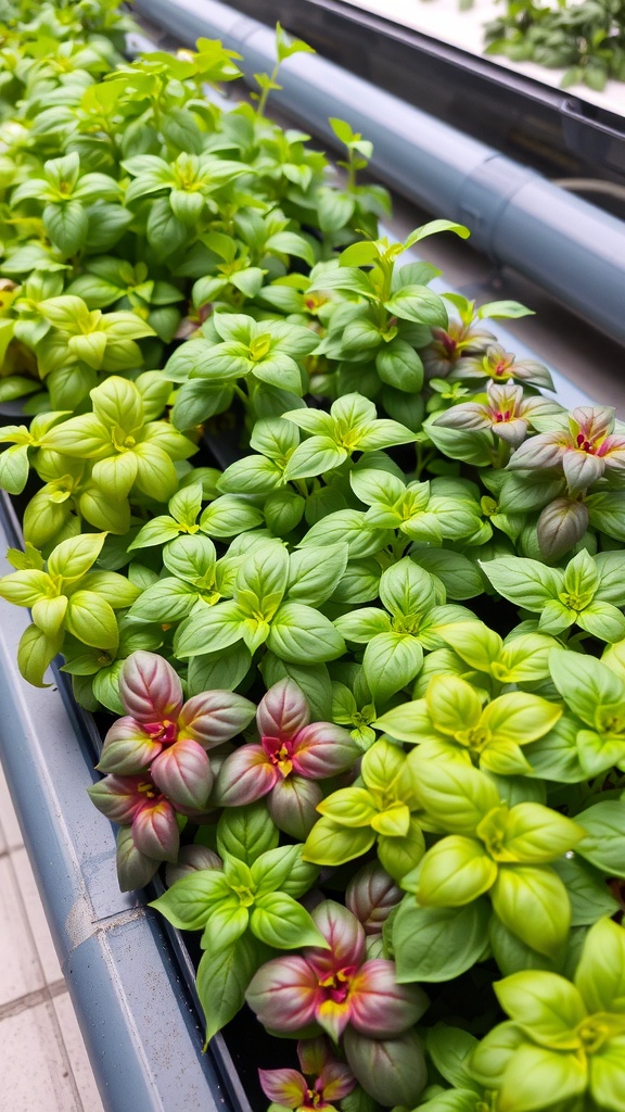A variety of basil plants with different shades of green and purple leaves.
