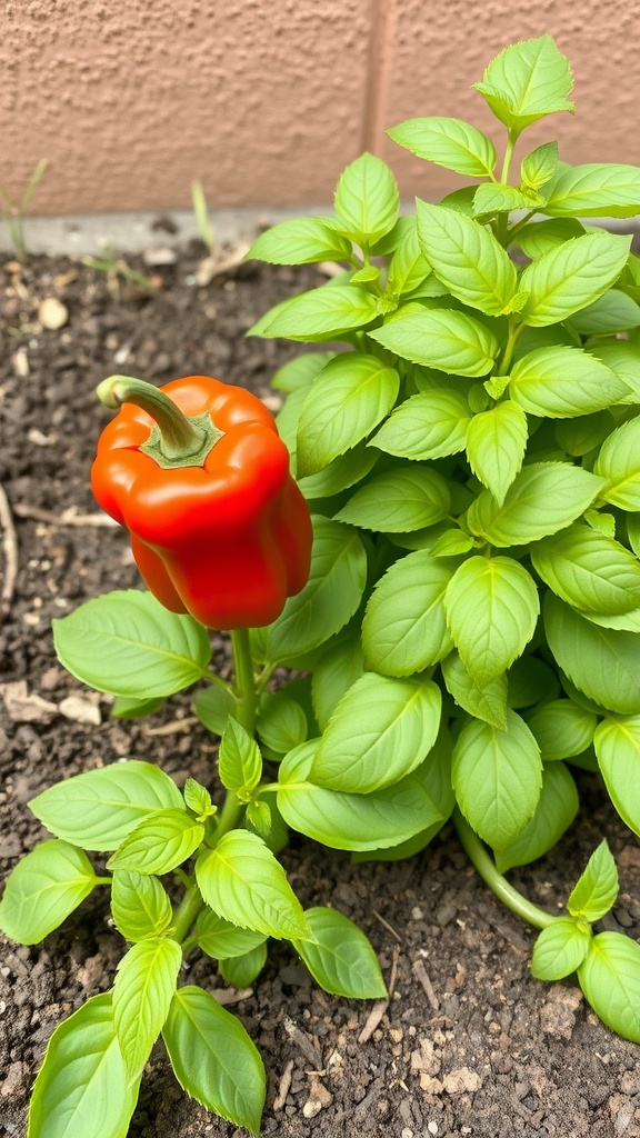 A red bell pepper growing next to lush basil plants in soil.