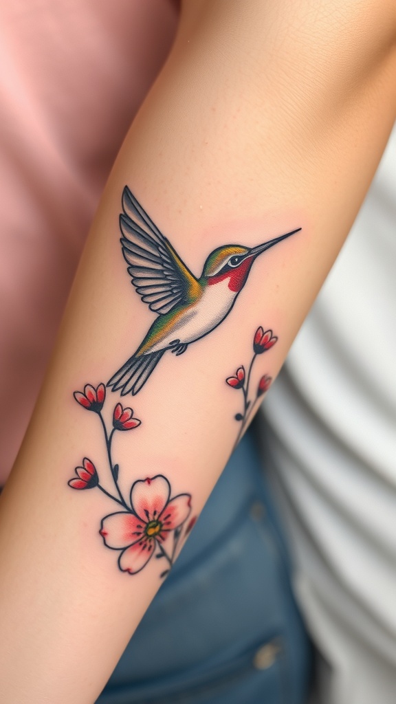 A colorful hummingbird tattoo in flight with flowers on an arm.