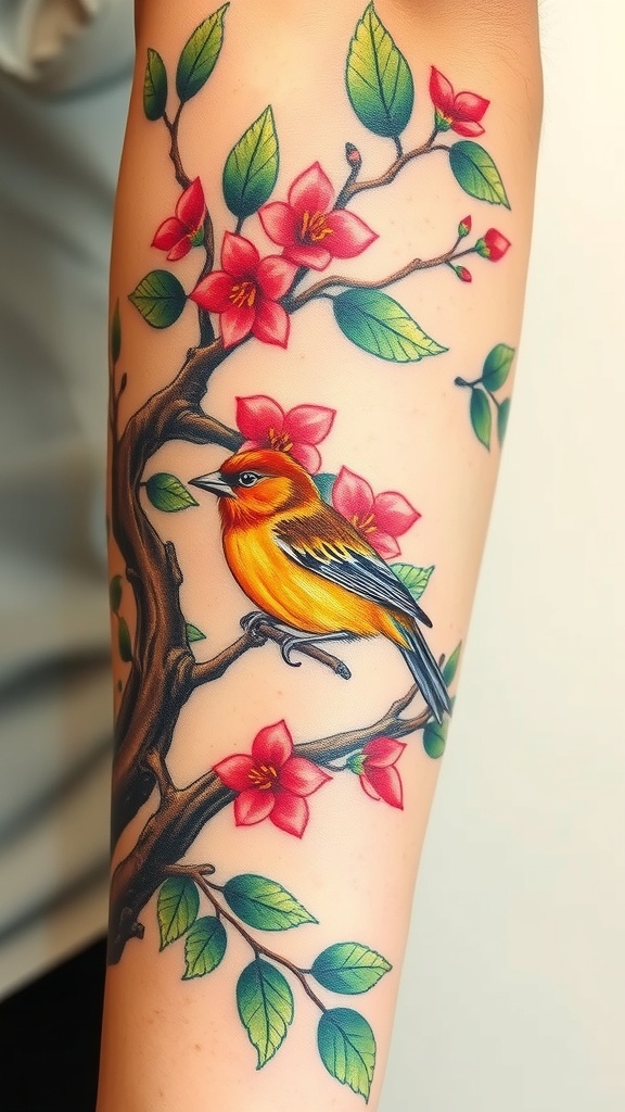 A colorful tanager bird tattoo on an arm, surrounded by flowers and leaves.