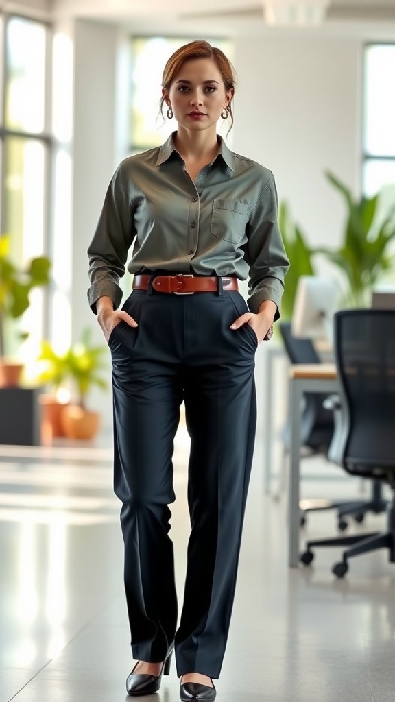 A model wearing a belted shirt and tailored pants in a modern office setting.