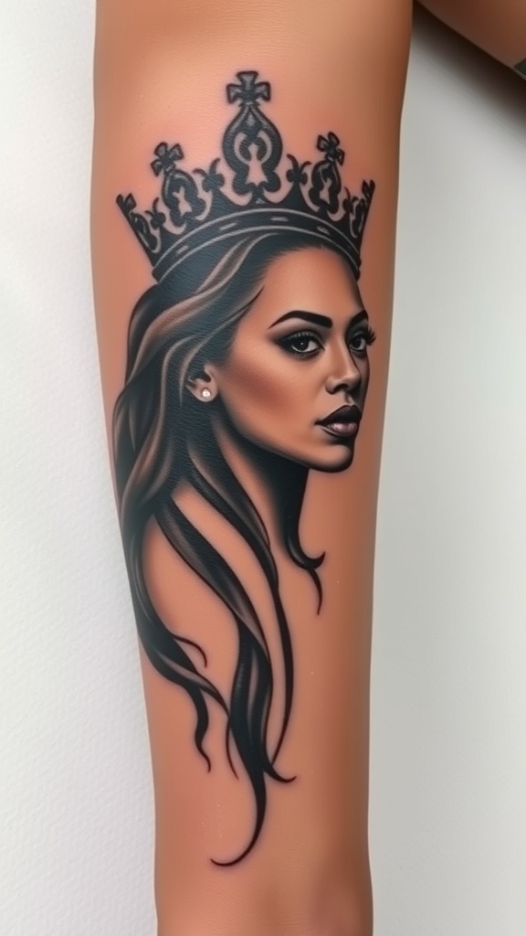 A tattoo of a woman with long hair and a crown, symbolizing empowerment.
