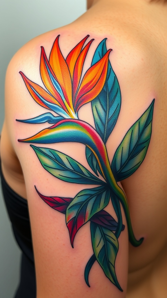 A vibrant Bird of Paradise tattoo on a person's shoulder.