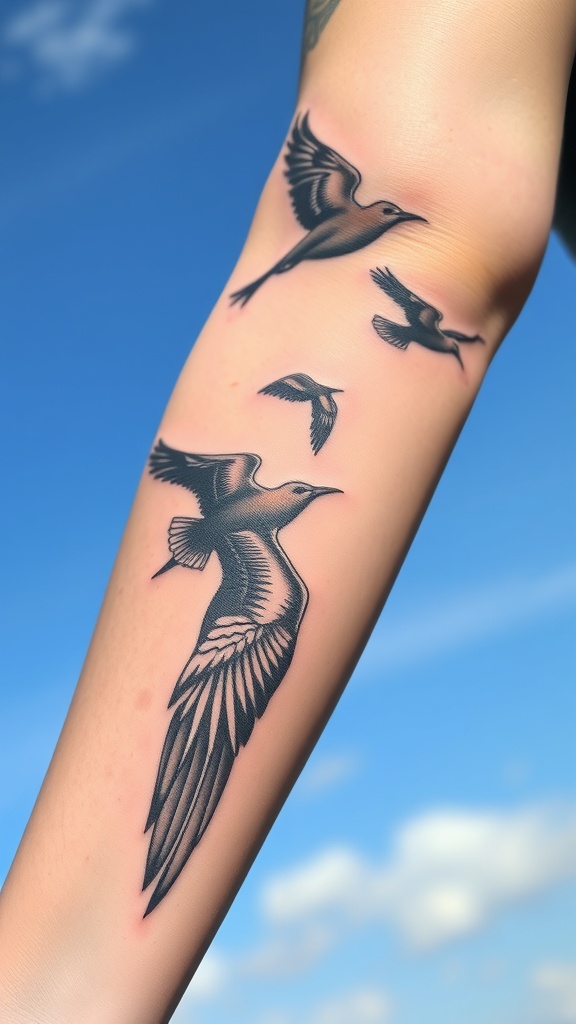 A group of birds flying in a clear blue sky.