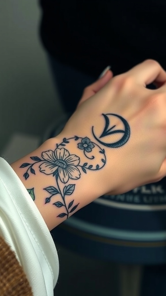 A hand with a tattoo featuring a flower and zodiac symbol.