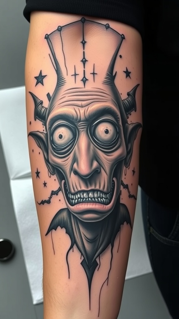 A surrealistic tattoo featuring a bizarre portrait with distorted features.