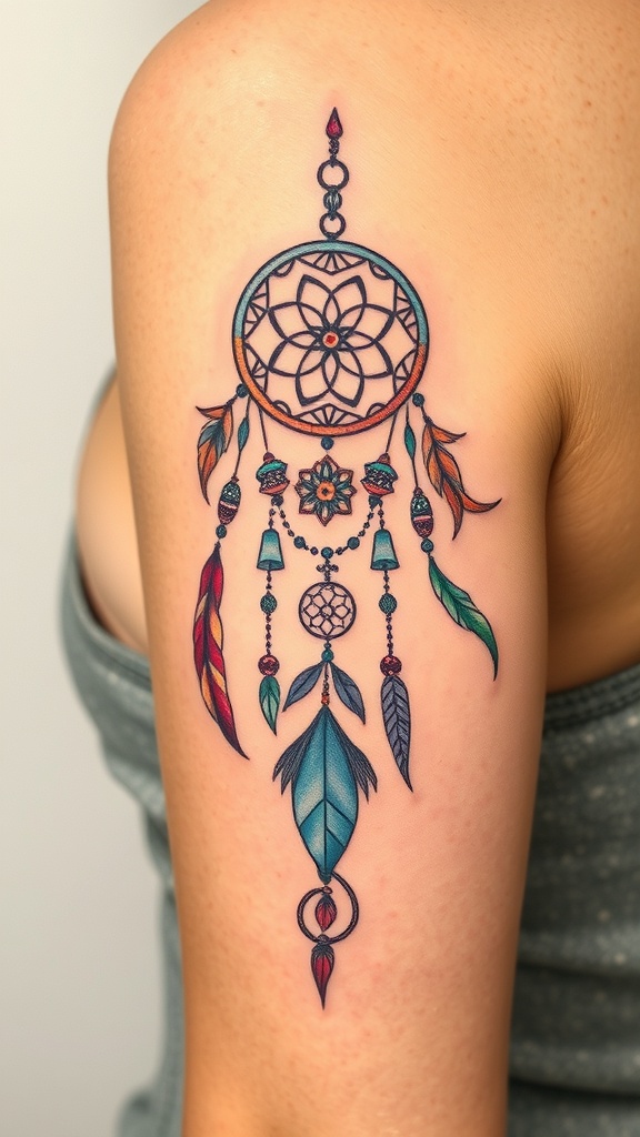 A colorful Bohemian dreamcatcher feather tattoo on the upper arm.