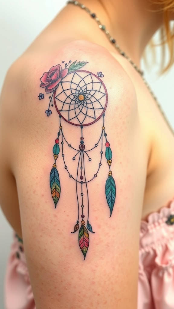 A colorful bohemian style dreamcatcher tattoo on a shoulder, featuring a rose and feathers.