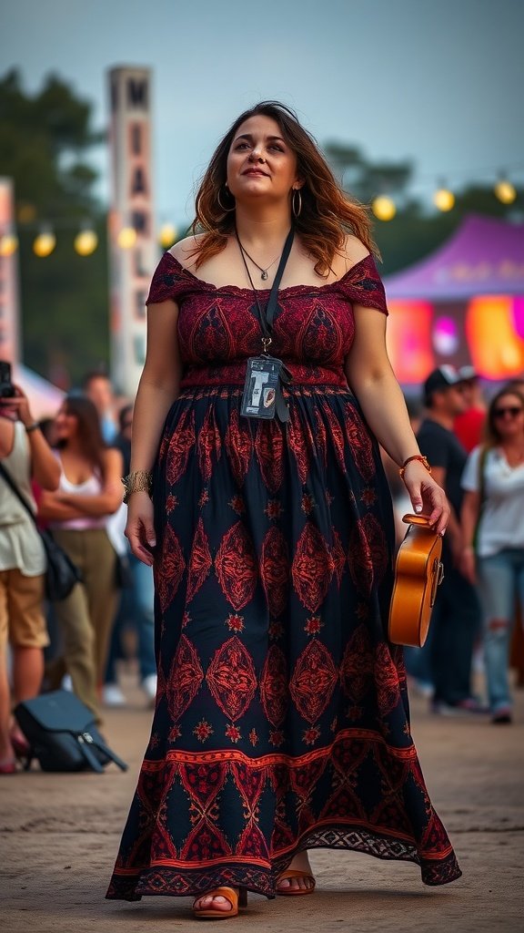 A woman wearing a bohemian style maxi skirt and off-shoulder top at a festival.