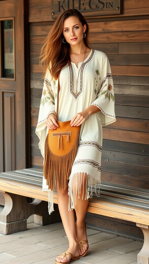 A woman wearing a boho chic tunic and holding a fringed bag.