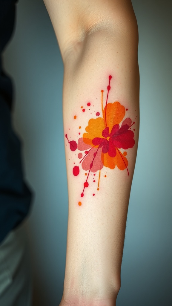 A bold red and orange watercolor splash tattoo on an arm.
