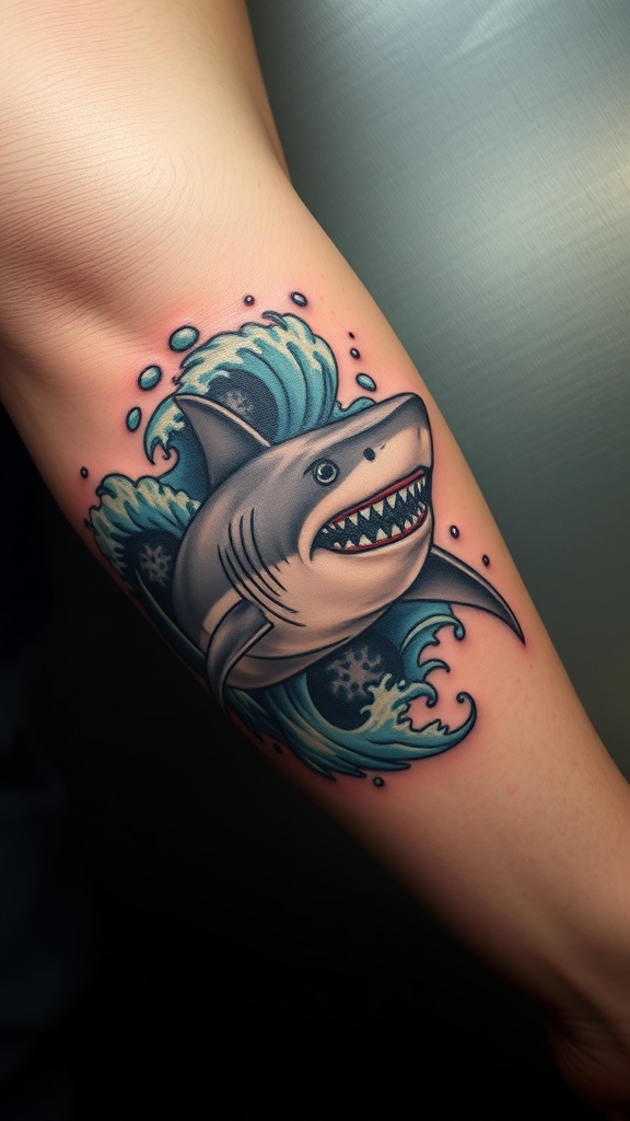 Tattoo of a shark swimming in waves on a person's arm