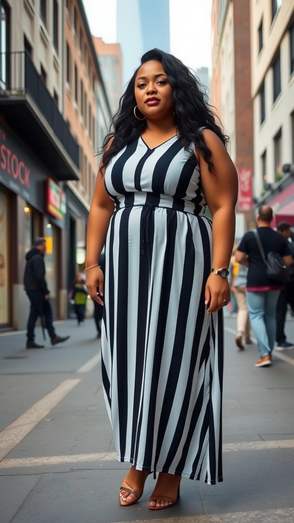 A plus-size woman wearing a bold black and white striped dress, standing confidently in a city street.