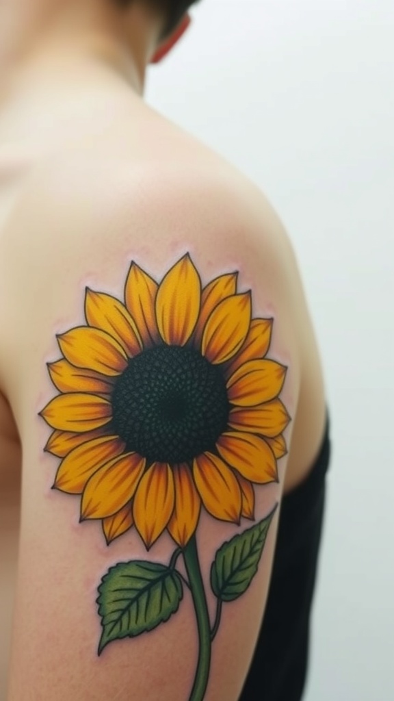 A vibrant sunflower tattoo on a person's shoulder.