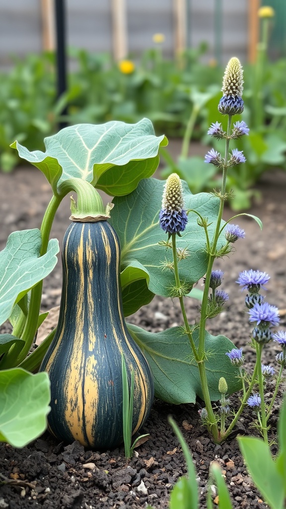 A vibrant squash plant surrounded by borage flowers in a garden.
