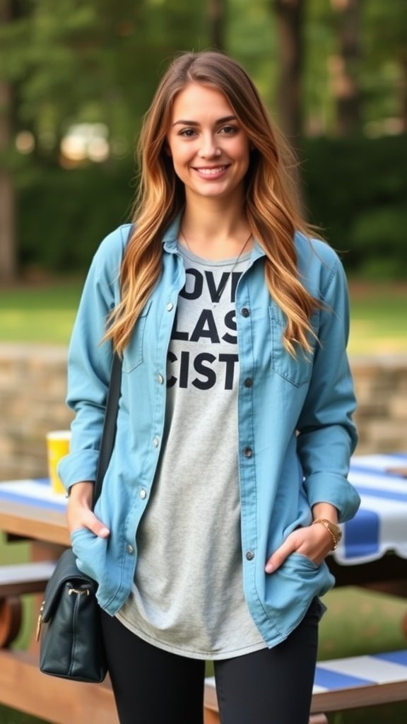 A smiling young woman wearing a blue chambray shirt over a grey graphic tee, with black leggings and a stylish bag, in a natural outdoor setting.