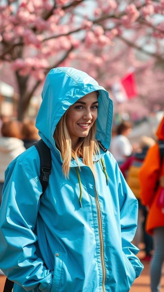 A woman wearing a bright blue windbreaker with a hood, smiling in front of pink blossoming trees.