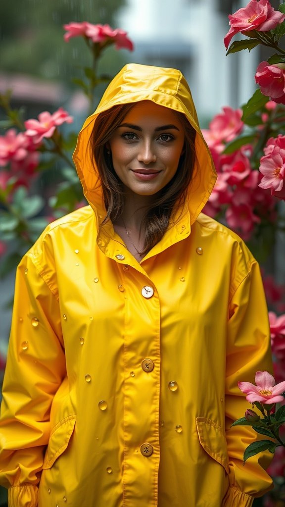 A person wearing a bright yellow raincoat sitting on a bench surrounded by flowers