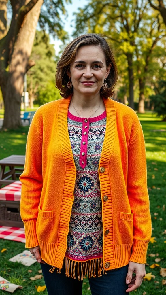 A woman wearing a bright orange cardigan over a printed top, smiling in a park setting.
