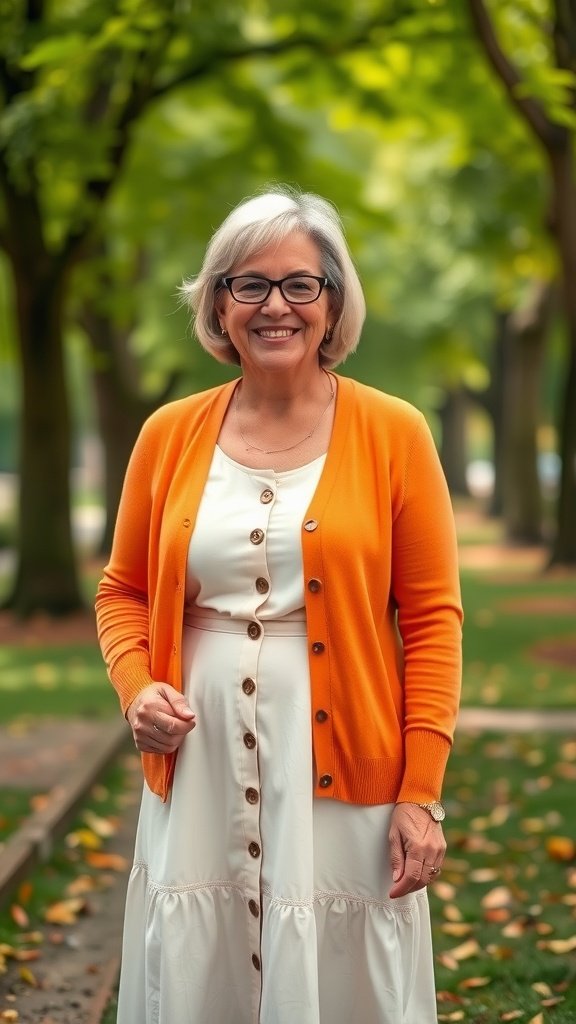 A smiling older woman wearing an orange cardigan over a white dress, standing in a park with green trees.