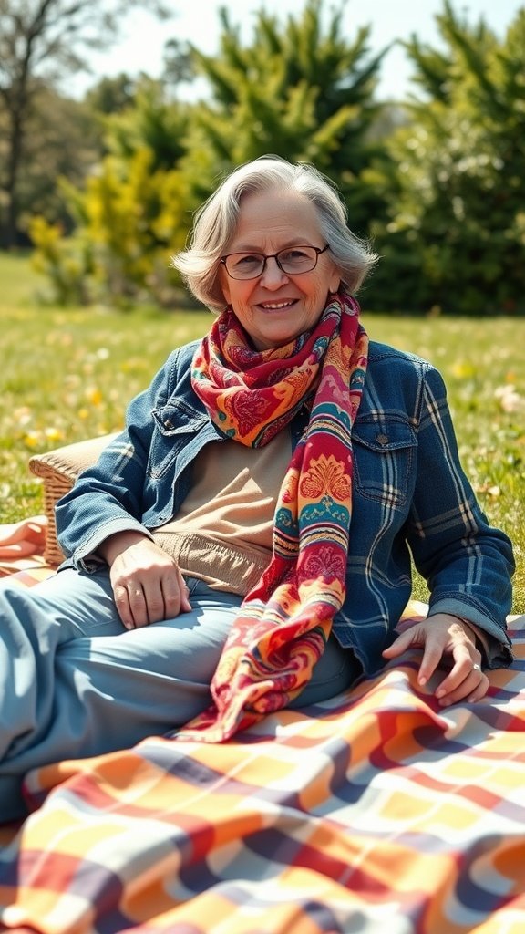 A woman sitting on a picnic blanket wearing a brightly patterned scarf and denim jacket, smiling in a sunny park.