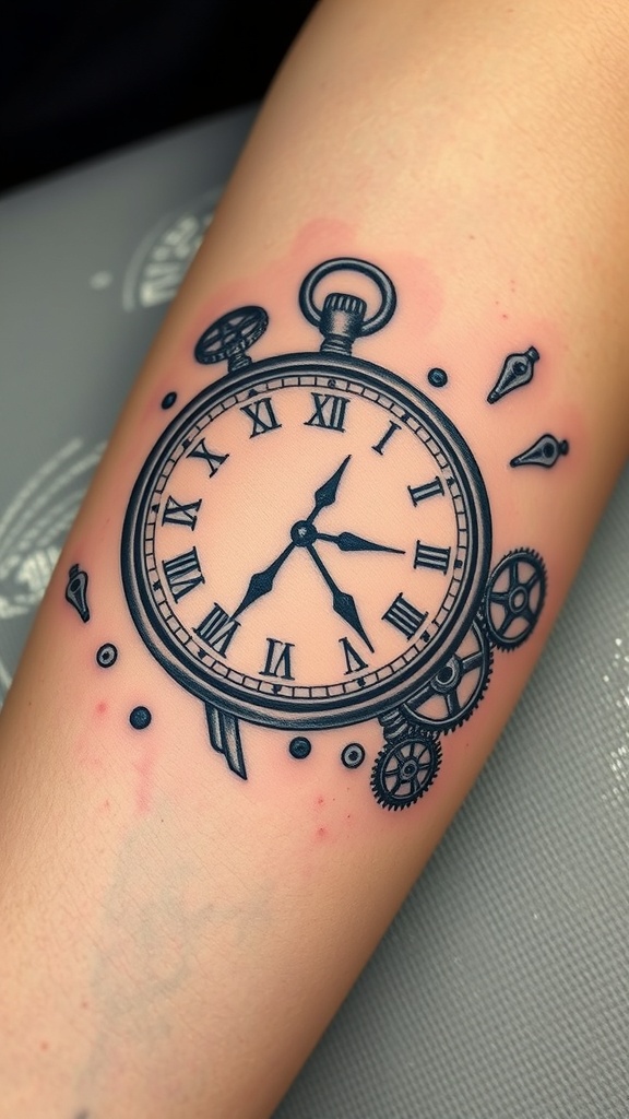 Tattoo of a broken clock with intricate gears and Roman numerals.