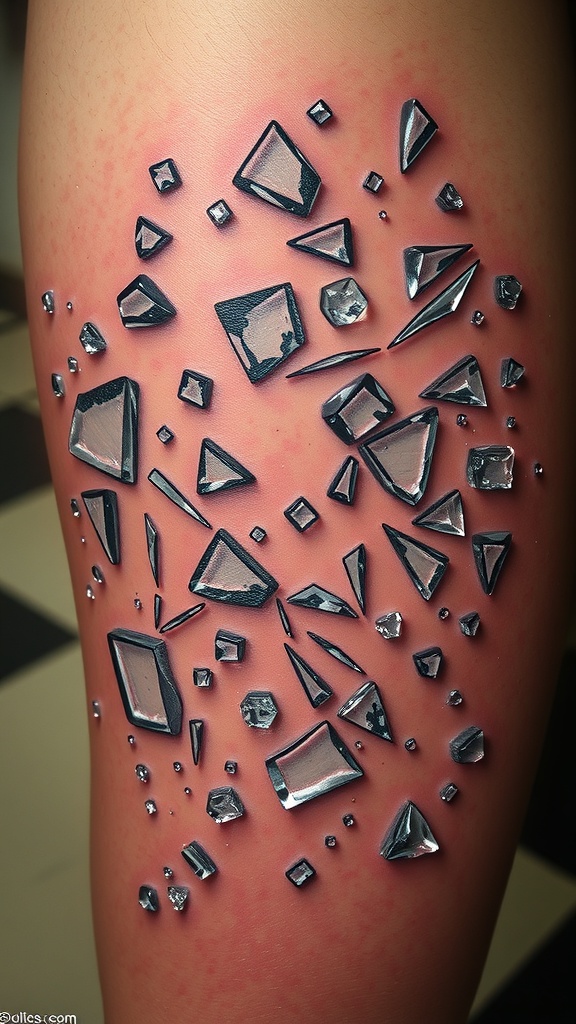 Tattoo design featuring a broken glass effect with various shapes and reflections.