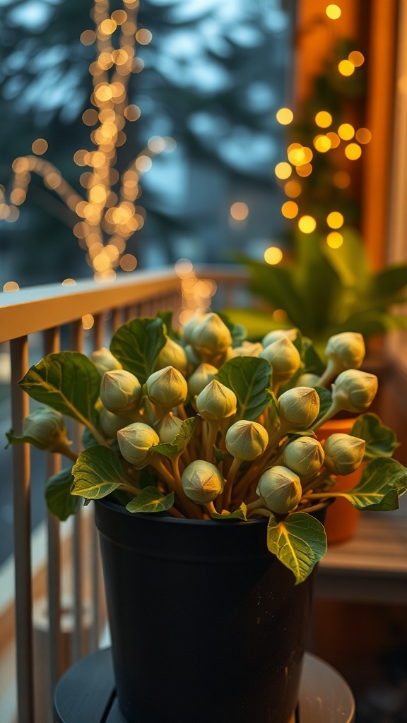 A pot of Brussels sprouts on a balcony with warm lights in the background.