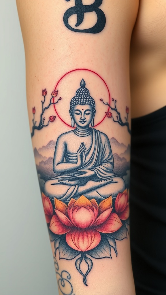 Tattoo of Buddha seated with lotus flowers and a red halo