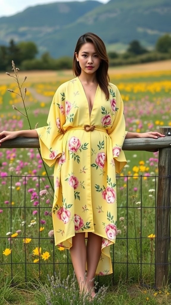 Buttercup yellow kimono with floral design, worn by a woman in a field of flowers