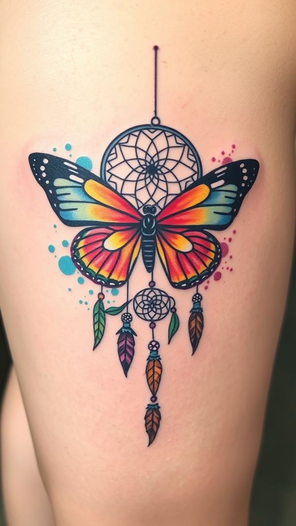 A colorful butterfly tattoo integrated with a dreamcatcher design.