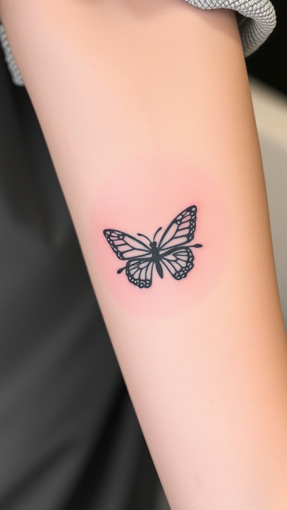 A small tattoo featuring a butterfly and a feather, showcasing a delicate design.
