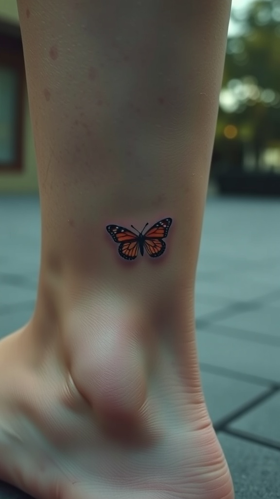 A small butterfly tattoo on an ankle, showcasing vibrant colors.
