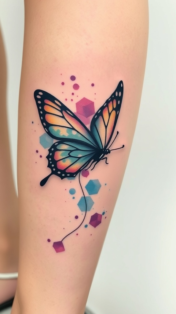 A colorful watercolor butterfly tattoo in flight, featuring vibrant hues and geometric shapes.