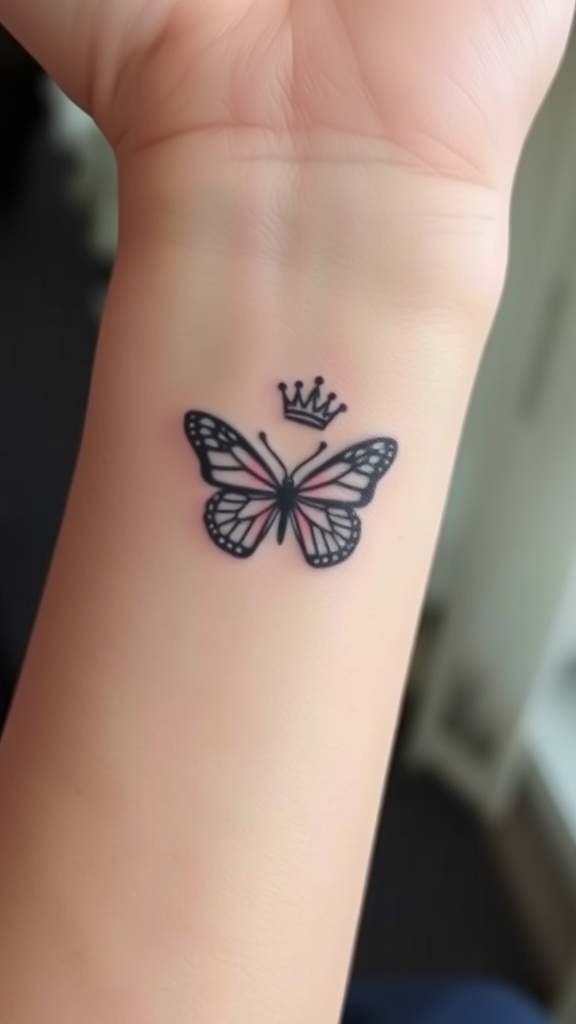 A butterfly tattoo with a crown on a person's wrist.
