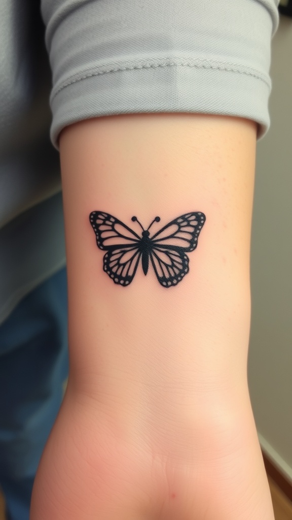 A small butterfly tattoo with heart details on a wrist.