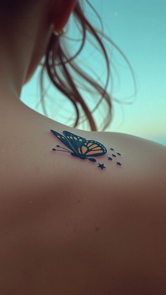 A colorful butterfly tattoo surrounded by small stars on a person's shoulder.