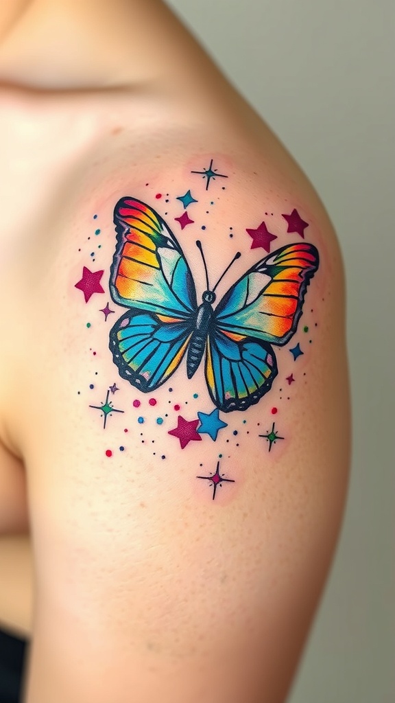 A colorful butterfly tattoo surrounded by stars on a person's shoulder.
