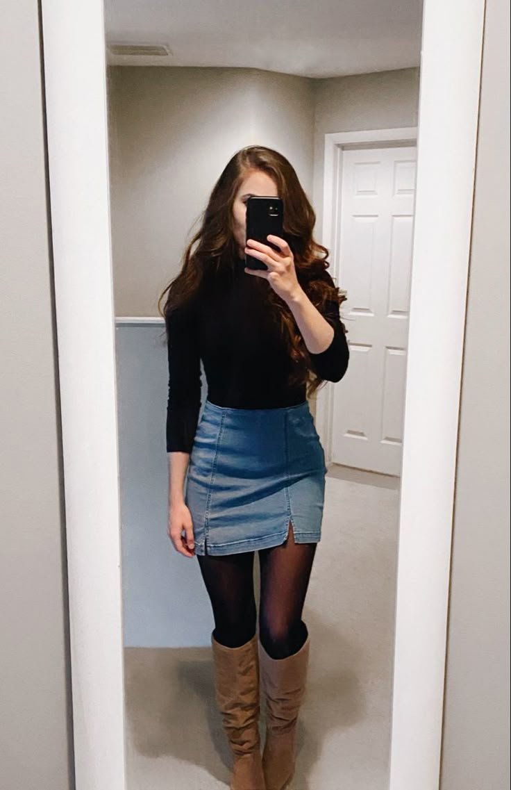 Black Turtleneck, Denim Skirt, & Tall Suede Boots | Fashion outfits, Stylish outfits, Casual outfits Black Turtleneck, Denim Skirt, & Tall Suede Boots | Fashion outfits, Stylish outfits, Casual outfits - jean skirt outfits winter