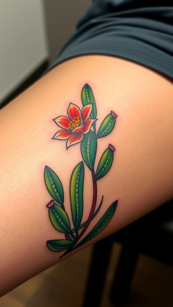 A colorful cactus flower tattoo featuring a pink flower and green leaves.