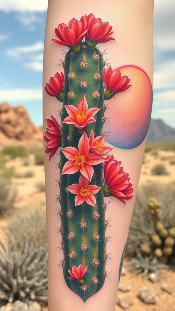 A hyper-realistic tattoo of a cactus in bloom with red flowers and a sunset background.