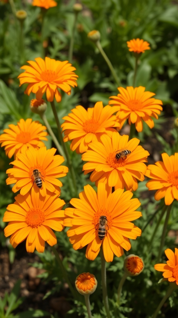 Bright orange calendula flowers with bees on them.