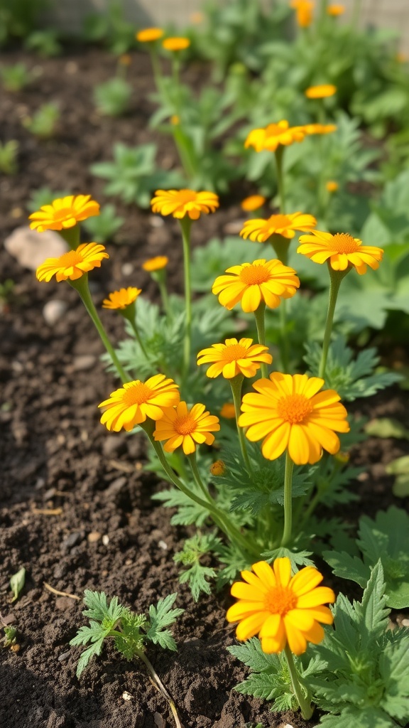A vibrant patch of calendula flowers in a garden.