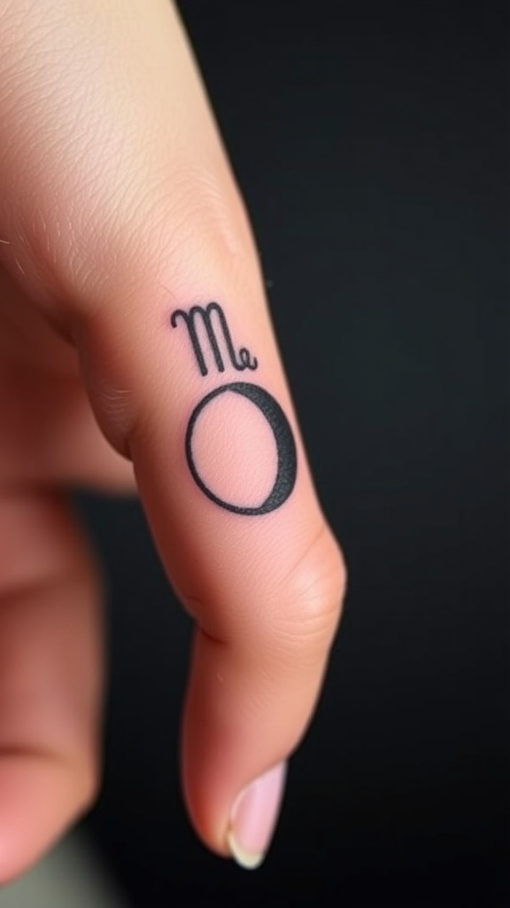 A small Cancer zodiac sign tattoo featuring the symbol and a crescent moon on a finger.