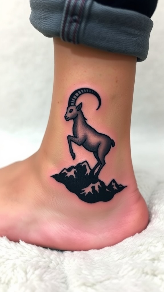 A silhouette tattoo of a goat on a foot, representing the Capricorn zodiac sign.
