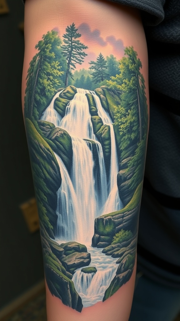 A hyper-realistic tattoo of a cascading waterfall surrounded by trees and rocks.
