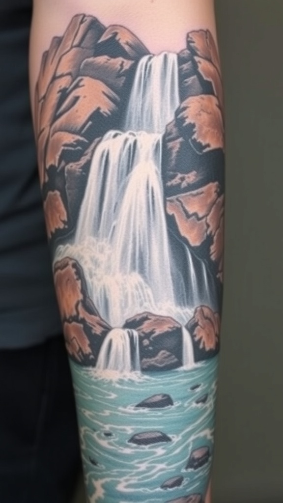 Tattoo of a cascading waterfall with rocks and flowing water.