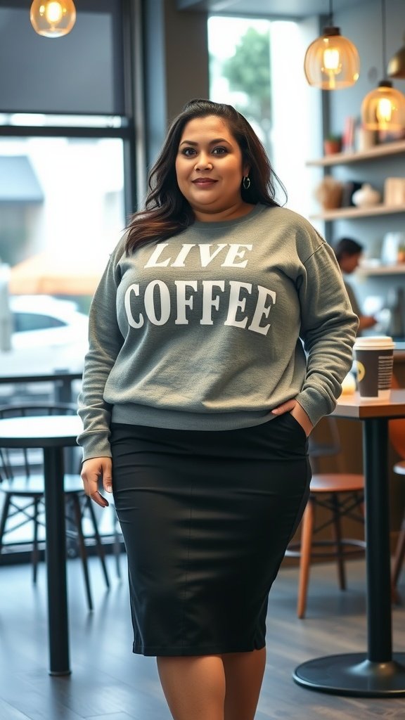 A plus-size woman in a grey sweatshirt and black pencil skirt stands in a cozy cafe, exuding casual chic style.