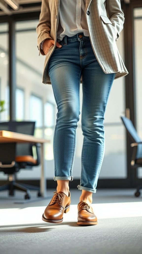 A person wearing casual oxfords, a blazer, and jeans, walking in a modern office space.