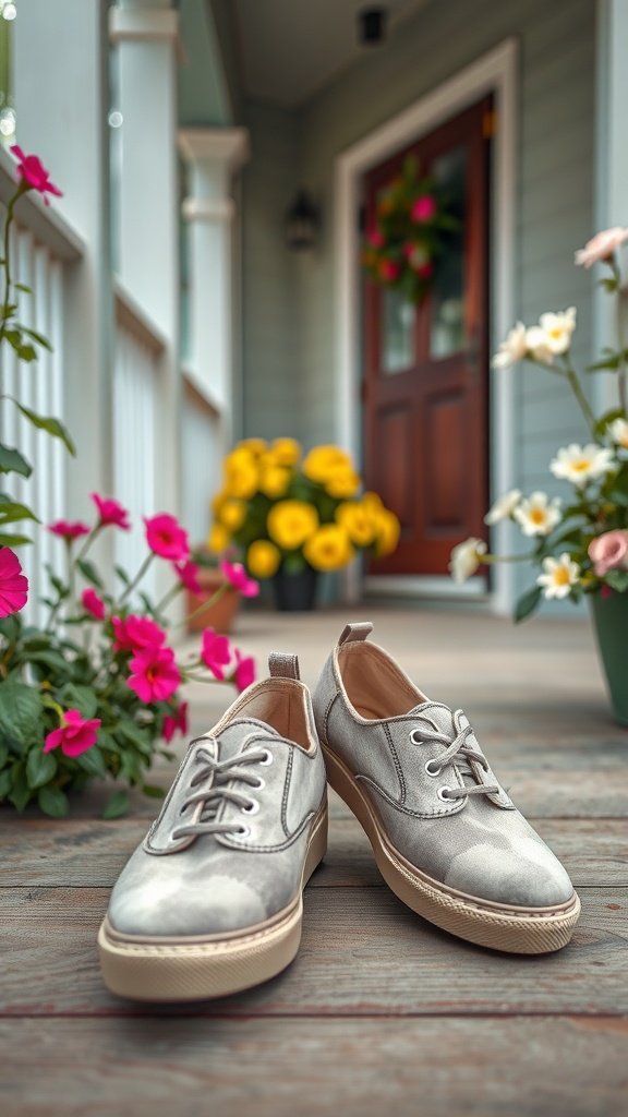 A pair of casual slip-on shoes on a porch surrounded by colorful flowers.